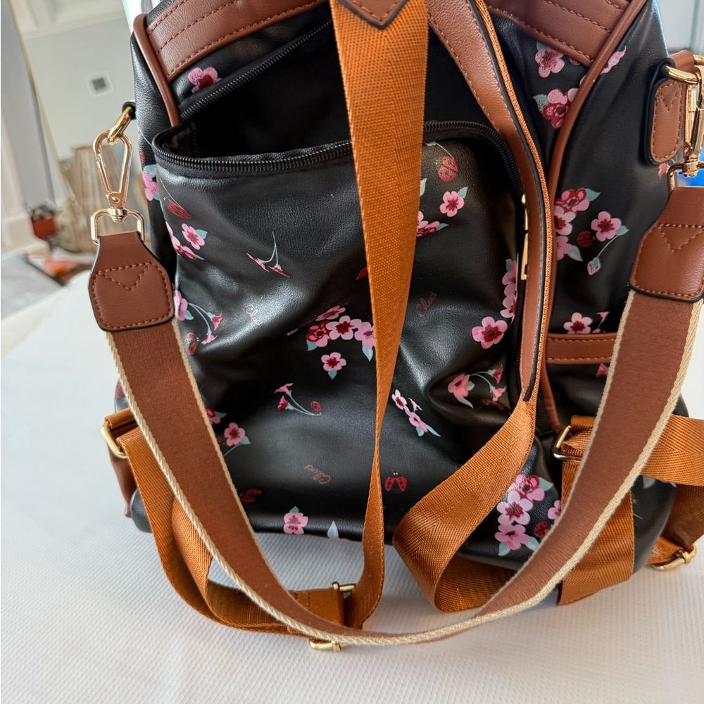 Cluci Small Floral  and Ladybug Black and Brown Backpack 12x10 - Picture 4 of 16